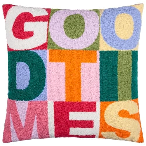 Image of furn. Good Times Polyester Filled Cushion – Reversible Colourful Slogan Tufted Micro Bouclé Decorative Pillow (Multicolour – 43x43cm)