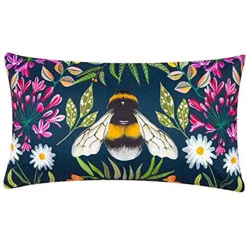Image of Wylder Nature House of Bloom Zinnia Bee Polyester Filled Outdoor Cushion, Navy, 30 x 50 cm