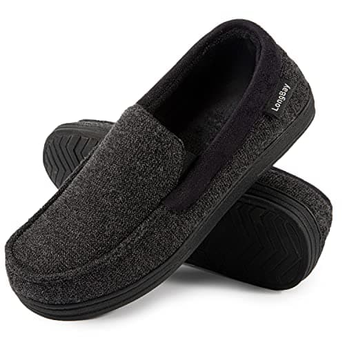 Image of LongBay Men's Memory Foam Moccasin Slippers Plush Fleece House Slipper in Indoor Outdoor Shoes, Black 1, 8 UK