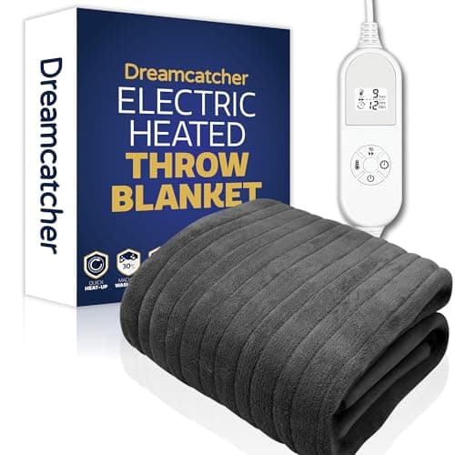 Image of Dreamcatcher Dark Grey Heated Throw Electric Blanket, 160 x 120cm Heated Blanket Machine Washable Soft Fleece Electric Throw Overblanket with 12HR Timer and 9x Control Heat Settings