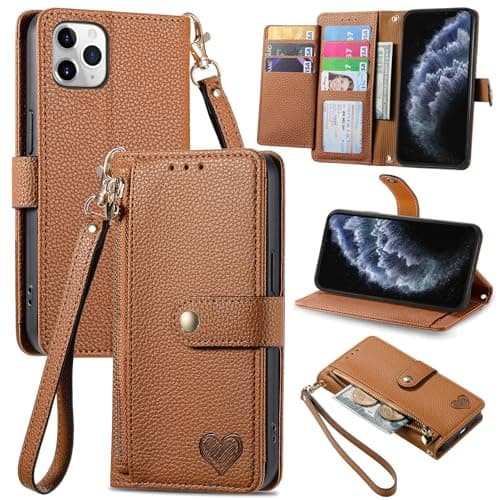 Image of VEEMOS Zipper Wallet Case for Apple iPhone 11 Pro Max Phone Case with Purse Card Holders RFID Blocking Leather Flip Case Book Cover Wrist Strap Women - Brown