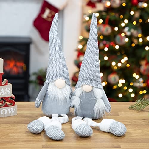 Image of The Christmas Workshop 2pk Felt Gnome Ornaments/Festive Collectable Gonks/Woolen Decorations and Styles (2PK Grey Hanging Legs)