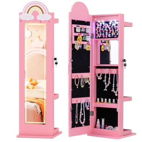 Image of SFAREST Kids Jewelry Cabinet, Freestanding Girls Jewelry Organizer with Full-Length Mirror, LED Lights, Rack and Storage Shelves, Children Jewelry Armoire for Bedroom (Pink)