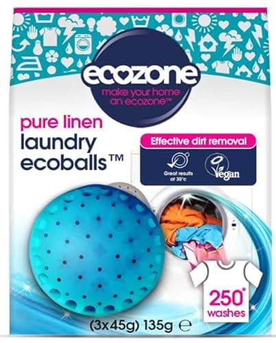 Image of Ecozone Ecoballs, Laundry Pods for Washing Machines, Re-Usable Hypoallergenic Capsule with Pellets, Pure Linen Fragrance, Natural Vegan & Eco Friendly, Refillable Detergent Alternative (250 Washes)