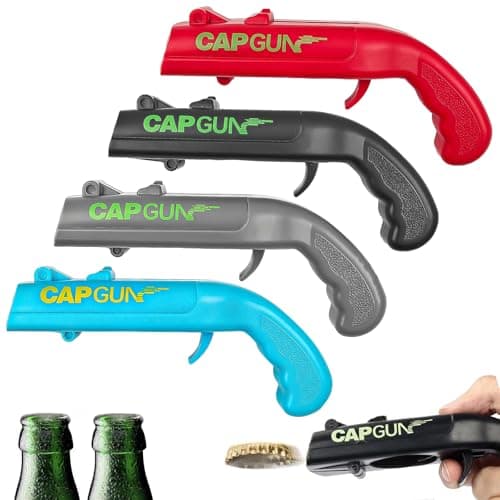 Image of 4 Pcs Beer Bottle Opener Cap Gun, Funny Cap Gun Bottle Opener Launcher Shooter, Caps for Cap Gun for Shooting Game Home Bar Party Christmas, Gift for Him(Black, Grey, Red, Blue)