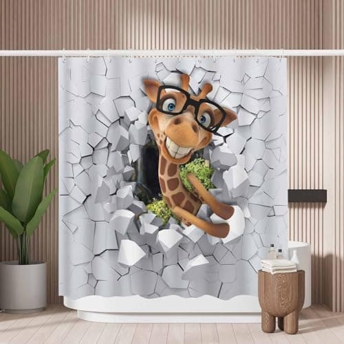 Image of Woutay Shower Curtain Mould Proof Resistant Giraffe Peeping from A Broken Wall,Water Repellant Fabric,Polyester,with 12 Plastic Hooks