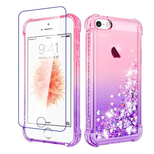 Image of Pilaru for iPhone SE 2016(1st),iPhone 5/5S Case Clear Liquid Heart Lovely Glitter Soft TPU Cover Transparent Girly Protective Phone Case for iPhone SE (1st Gen),Pink/Purple