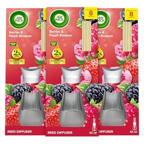 Image of Air Wick Berries & Peach Blossom Essential Oils Reeds Diffuser 42ml | Lasts up to 8 Weeks Air Freshener, Pack of 3