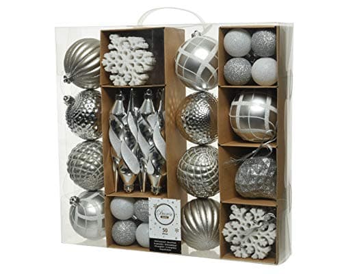 Image of 50 Piece Set of Christmas Tree Decorations - Baubles, Snowflakes & Finials - Available in Red, Gold & Silver (Silver)