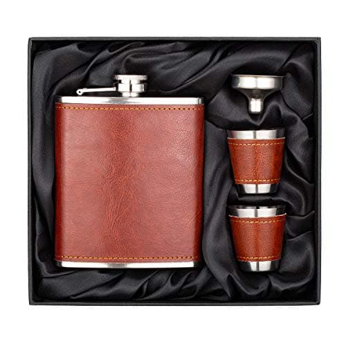 Image of Jinsong hip flask 7 Oz Stainless Steel Hip Flask Gift Set with 2 Cups and Funnel, Brown Leather Cover, 100% Leak Proof, Food Grade Material
