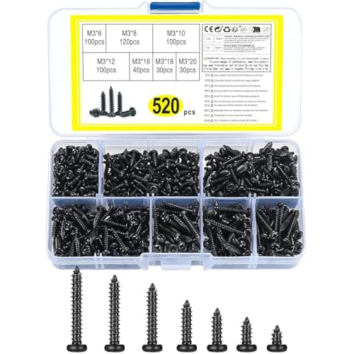 Image of 520 Pcs Cross Head Self Tapping Screws, M3 Round Head Self Drilling Wood Screws Assortment Kit, Black Carbon Steel Pan Head Screws for Plastic Wood Soft Metal