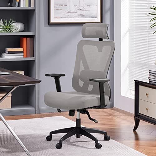 Image of Yaheetech Ergonomic Office Chair Swivel Computer Desk Chair with Adjustable Headrest, Lumbar Support 2D Armrests for Home Office, Light Grey