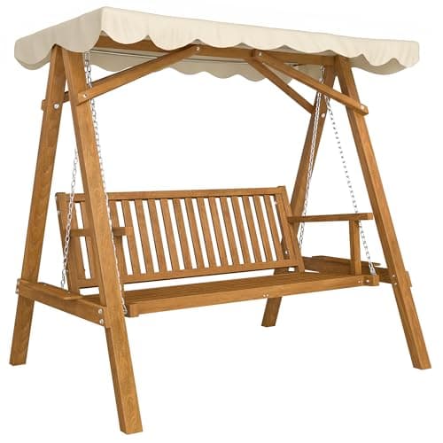 Image of Outsunny 2 Seater Garden Swing Seat with Canopy, Wooden Swing Chair, Outdoor Hammock Bench for Balcony Patio Porch, Cream White