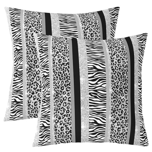 Image of Homemissing Black Zebra Cheetah Print Pillow Covers 45x45cm, Silver Leopard Square Cushion Covers Set of 2,for Boys Girls Glitter Print Throw Pillow Covers Geometric Striped Cushion Covers for Sofa