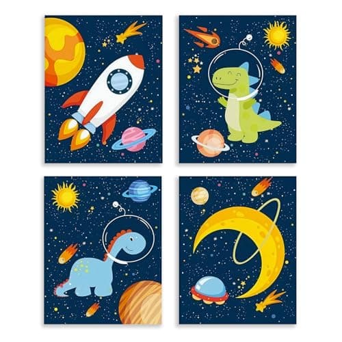 Image of Dazzlewall 4Pcs Dinosaur Outer Space Wall Art Posters, Cartoon Rocket Planet Pictures for Nursery Toddler Boys Room Decor 8x10 in Unframed
