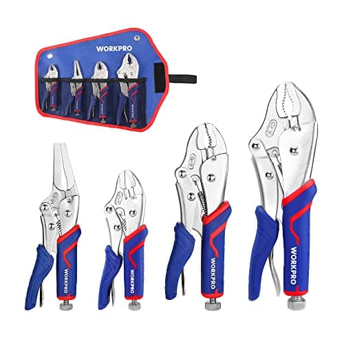 Image of WORKPRO 4-Piece Locking Pliers Set with Comfortable Grip, 5-1/2", 7" and 9" Curved Jaw Locking Pliers, 6-1/2" Long Nose Locking with Storage Bag