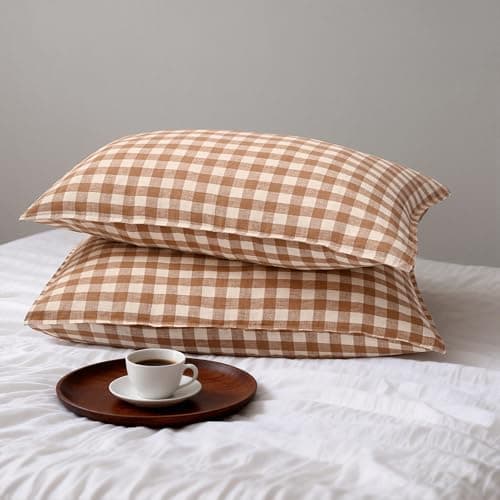 Image of EVERLY 100% Linen Pillowcases Set of 2, Envelope Overlap Closure French Natural Washed Flax Pillowcases 20x36inches-Brown Plaid