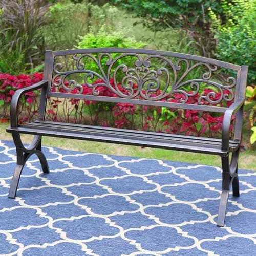 Image of PHI VILLA Metal Garden Bench Cast Iron Backrest Steel Frame 2-3 Seater Outdoor Bench Floral Design Backrest, Slatted Seat for Park, Yard & Porch, Bronze