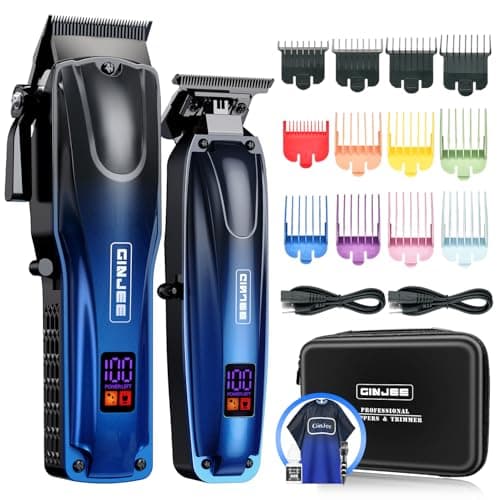 Image of GinJee Professional Hair Clippers for Men Cordless & Corded - Rechargeable Barber Clipper & Trimmer Set with Fade Lever for Home Haircuts, Grooming Kit with Guide Combs, with Travel Case