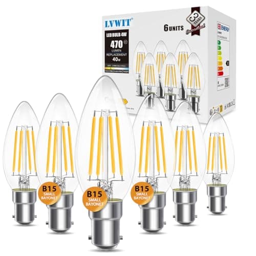 Image of LVWIT 4W C35 Small Bayonet Bulb 40W Incandescent Bulbs Equivalent, B15 LED Filament Candle Bulb,470Lm, 2700K Warm White Candle B15 Bulbs Small Bayonet,220-240V,NO-Dimmable,(35MM*97MM/ 6 PCS)