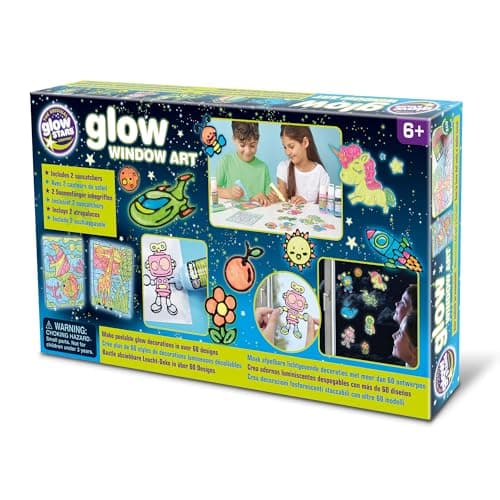 Image of The Original Glowstars Company Glow in the Dark Window Sticker Art Kit for Kids – Includes 7 Glow Paints, 60 Sticker Designs & 2 Suncatchers, DIY Glow in the Dark Craft Set