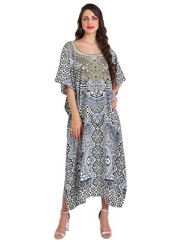 Image of Miss Lavish London Kaftan Tunic Plus Size Beach Cover Up Maxi Dress Sleepwear Embellished Kimonos, 10/16/2020, 131-black
