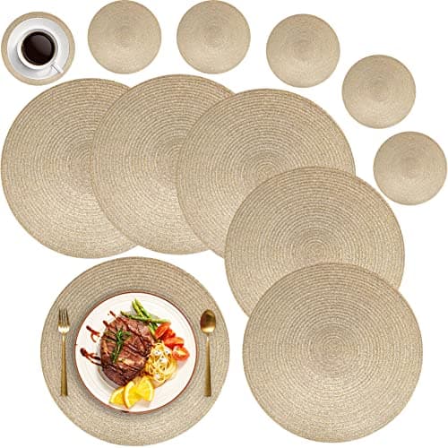 Image of MI CASA Round Placemats and Coasters Set of 6, Round Braided Woven Place Mats Washable Heat Resistant Table Mats for Kitchen Dining Table Home Restaurant, Gold