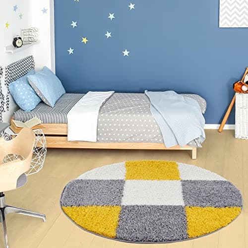 Image of THE RUGS Area Rug – Modern Luxury Shaggy Rug, Multicolour Pattern Carpet, Ultra Soft for Bedroom, Living Room, Kids Room, (120 cm Round, Yellow)