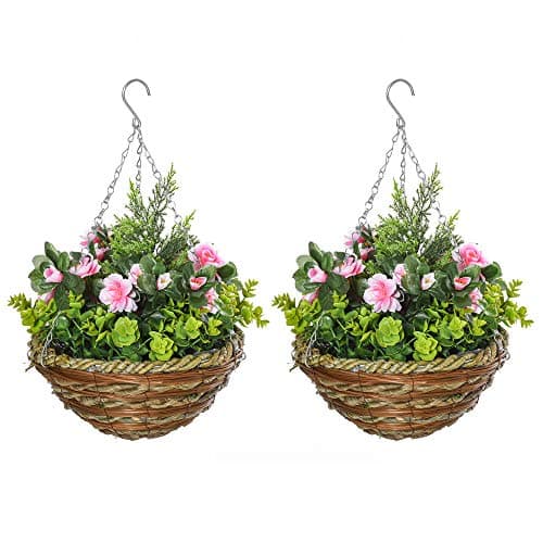 Image of Outsunny Pack of 2 Hanging Basket Fake Flowers with Lisianthus, Eucalyptus & Pine, Realistic PE Faux Plants with Rattan Basket and Chain for Outdoor Garden, Porch, Patio, Balcony, Pink