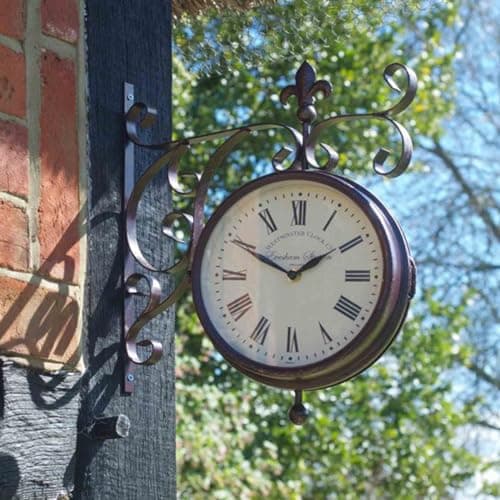 Image of mysmartbuy.com Marylebone Station Wall Mounted Quartz Clock & Thermometer – Battery Powered Weatherproof Double-Sided Indoor Outdoor Home Garden Decoration – Copper, H33 x W36 x D9cm