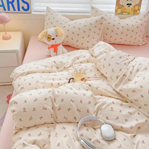 Image of Michorinee Double Duvet Cover Set Pink Rose Stripe Pattern Romantic Floral Girls Beige Bedding Set with Zipper Closure Soft Washed Microfibre Aesthetic Cute Quilt Cover with 2 Pillowcases 50x75 cm
