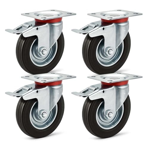 Image of Set of 4 Solid-rubber Double-stop Castors, Transport Rollers 125 mm w/Fixing Brake, 100 kg/Wheel