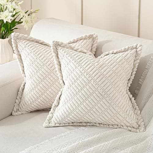 Image of Volcanics Christmas Decorative Cream White Throw Pillow Covers 45x45cm (18x18) Set of 2, Soft Splicing Corduroy Broadside Twill Cushion Covers, Modern Farmhouse Boho Decor