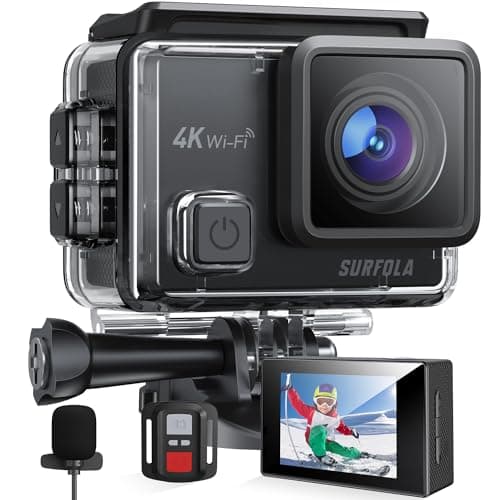 Image of Surfola 4K 30fps Action Camera SF230, 131ft Waterproof Underwater Camera for Snorkeling, 20MP WiFi EIS Camera for Vlogging, External Mic, 2 Rechargeable Batteries, Remote Control, Accessories Kit