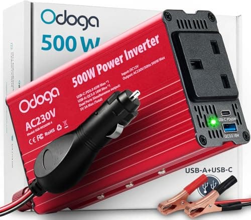 Image of Odoga 500W Power Inverter 12V to 230V – Car Plug Adapter to UK Plug Socket, DC to AC Wall Outlet 3 Pin Plug, USB-A & USB-C Charger Ports for Laptop, Mobile Phones, Tablets, Consoles & More