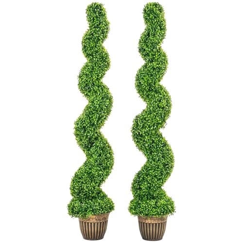 Image of HOMCOM Set of 2 Decorative Artificial Plants Topiary Spiral Boxwood Trees in Pot, Fake Plants for Home Indoor Outdoor Decor, 150cm, Green