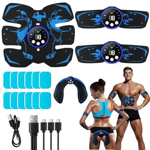 Image of Mexlyca EMS Muscle Stimulator, ABS Trainer, Abdominal Muscle Toner Electronic Workout Home Fitness Device with 8 Modes,29 Intensities,4 Machines,4 Patches,12 Gel (Light Blue)