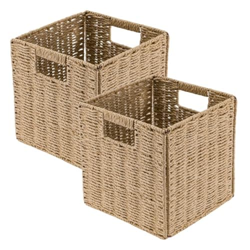 Image of Trintion 2x Faux Wicker Baskets Faux Wicker Organizer Bins with Handles for Shelves Foldable Storage Cubes Storage Baskets for Gifts For Organization & Decoration (Natural, 25x25x25cm)