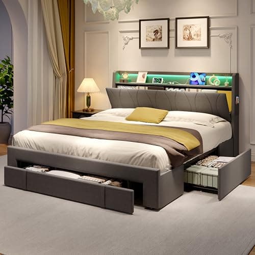 Image of Merax 4ft6 Double Upholstered Bed Frame 135x190cm with 3 Storage Drawers, Grey Linen LED Bed with Charging Station, USB & Type-C Ports, Concealed Headboard Storage(NO Mattress)