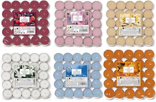 Image of Prices's Candles Petali 150 Scented Tealights Mixed Pack 6 Fragrances Cotton Flowers Berries Citrus Rose Lavender Cinnamon Long Burn Wax Tea Lights Home Fragrance Set