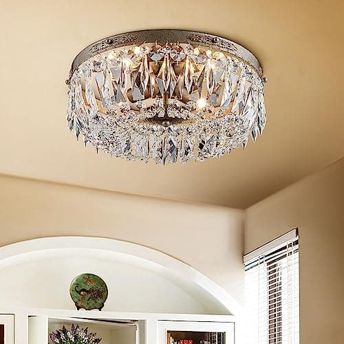 Image of BESTIER Antique Silver French Empire Crystal Semi Flush Mount Chandelier Lighting LED Ceiling Light Fixture Lamp for Dining Room Bathroom Bedroom Livingroom 4 E14 Bulbs Required