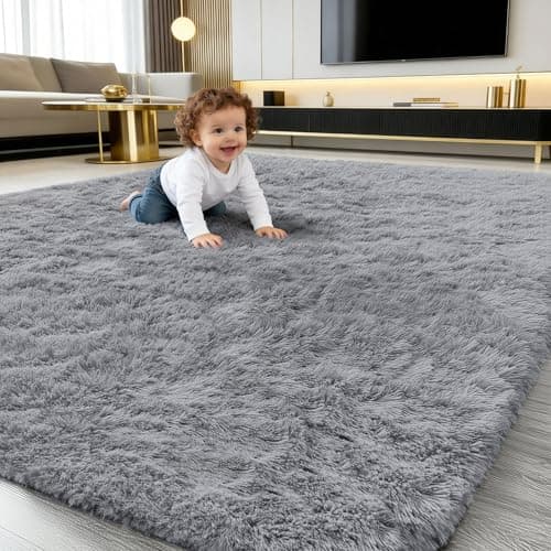 Image of smiry Fluffy High Pile Rugs Living Room, Anti Slip Shaggy Soft Carpet, Machine Washable Modern Large Thick Area Rugs for Bedside, Kids Bedroom - Grey, 140 x 200 cm
