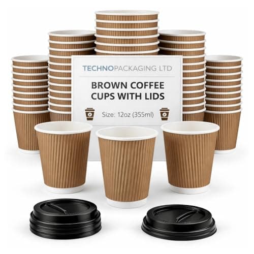 Image of 12 oz Brown Disposable Kraft Paper Ripple Cups with Lids - Pack of 50 Insulated Triple Wall Takeaway Drinking Cup - Great for Coffee, Tea, and Hot Drinks - Reusable, Leak Proof Travel or Office Cups