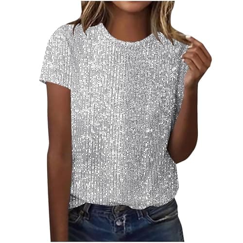 Image of Sequin Top for Women UK Sparkly Glitter Blouse Shiny Party Club Tunic Tops Elegant Short Sleeve Crew Neck Dressy Tee Ladies Loose Slim T Shirt Shimmer Wedding Going Out Prom Cocktail Christmas White