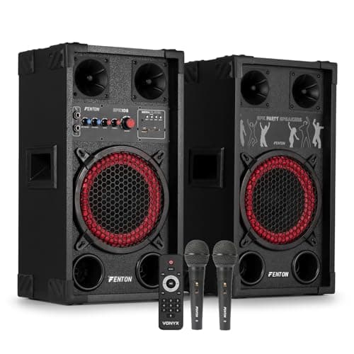 Image of Fenton SPK-108 8-Inch Active Bluetooth Karaoke Speaker System with Wired Vocal Microphones, 400W Home Audio Karaoke Setup for Adults, USB/SD MP3 Playback & Echo Controls Included
