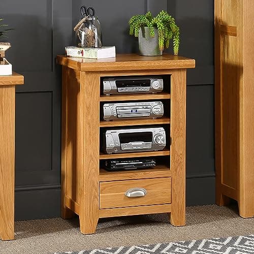 Image of Cheshire Oak Hi-Fi Media Stand Shelf Unit - Natural Oak Finish, Adjustable Shelves, Ideal for Living Room & Entertainment Area, No Assembly Required - H 785 x W 530 x D 410mm