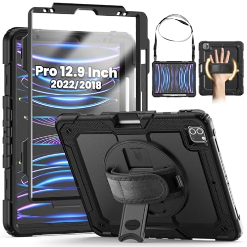 Image of SEYMCY Case for iPad Pro 12.9 Inch 2022/2021/2020/2018 (Pro 6th/5th/4th/3rd), Full-body Shockproof with Screen Protector, 360° Rotating Hand Strap & Stand, Carrying Strap, Pencil Holder, Black