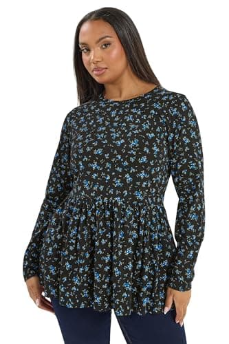 Image of Yours Curve Blue Ditsy Floral Peplum Top - Women's - Plus Size Curve