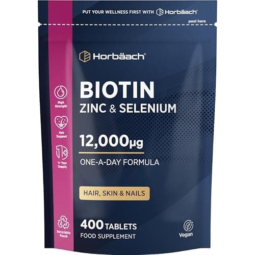 Image of Biotin Hair Growth Tablets 12000mcg | 1 Year+ Supply | 400 Vegan Tablets | Supplements for Hair, Skin and Nails | Biotin (B7), Zinc & Selenium Complex | by Horbaach
