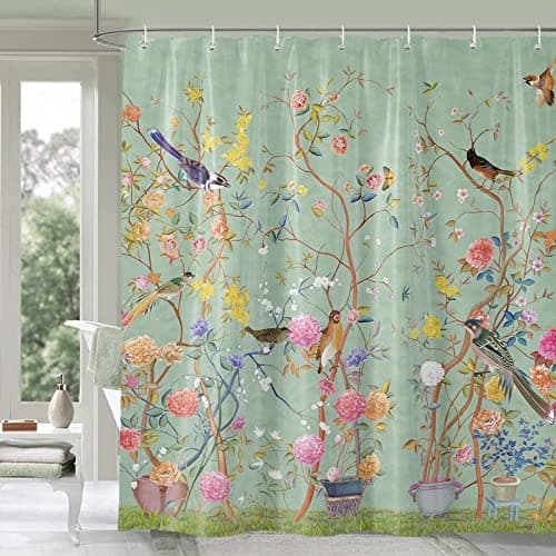 Image of Shower Curtain Green Mould Proof Resistant Waterproof Bird Floral Bathroom Curtains with 12 hooks Quick-Drying Weighted 180x180cm (71x71Inch) Polyester Shower Curtains for Bathroom Wet Room Tub